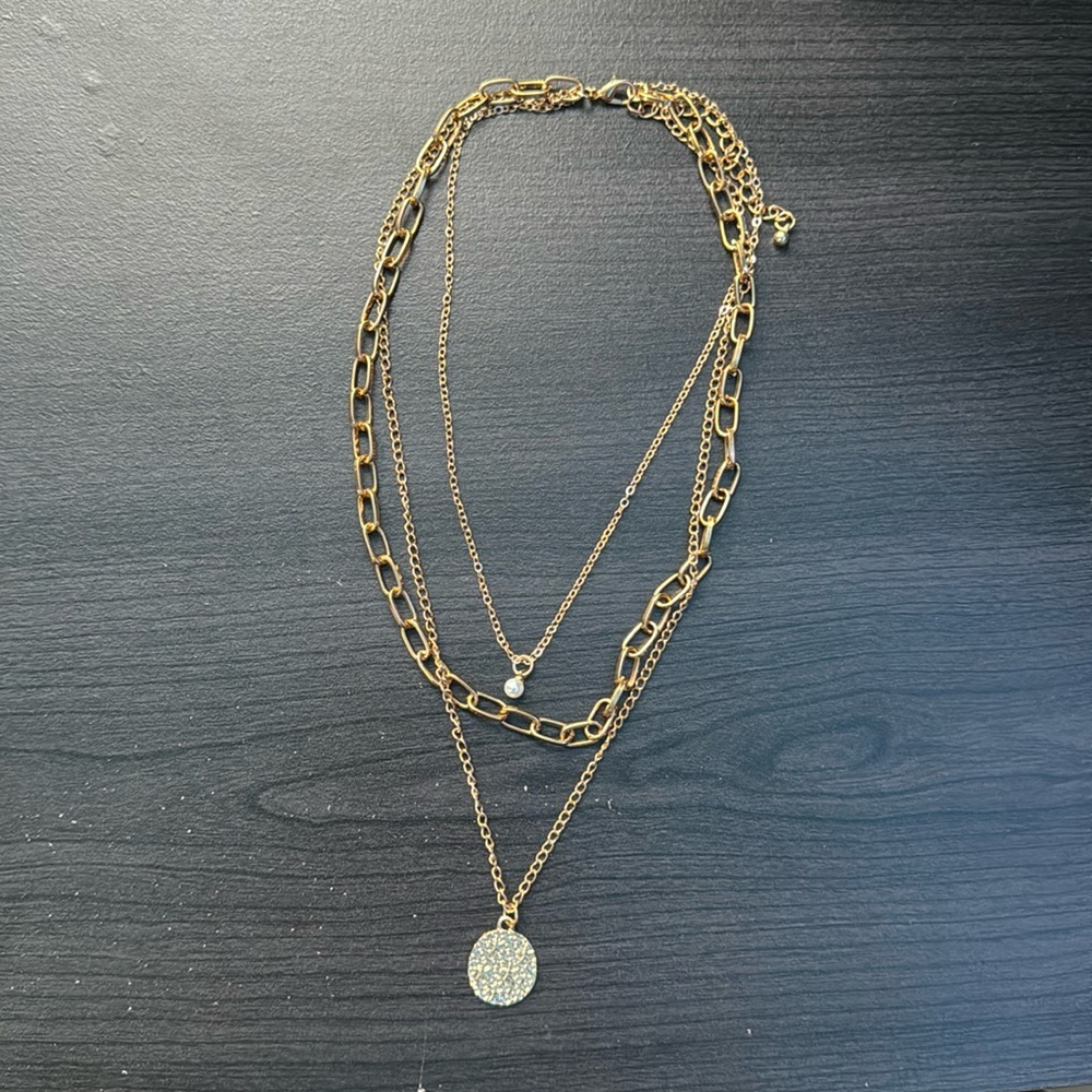 Gold Like New Set of Three Necklace With a Fake Pearl & Charm